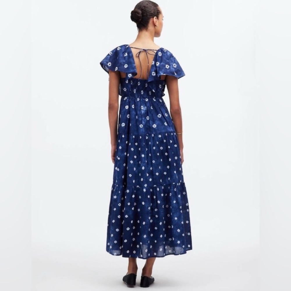 Madewell Tie-Back Flutter-Sleeve Tiered Midi Dress Cotton Shibori Print Size 10
